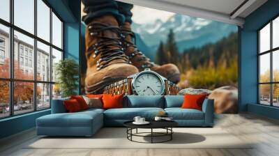 wristwatch with a numberless face in an outdoor setting, next to a pair of hiking boots Wall mural