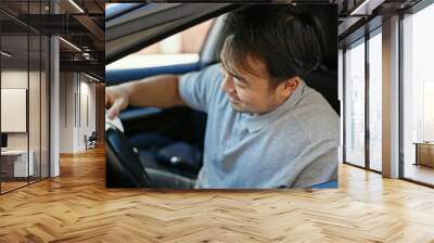  sitting on car cleaning steering wheel at street Wall mural