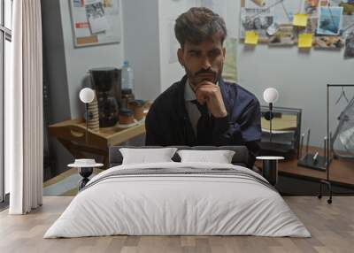 A contemplative young hispanic man with a beard, dressed in casual work attire, sitting at a desk in a detective's office surrounded by investigation files and pictures. Wall mural