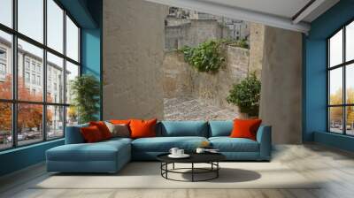 A picturesque narrow stone alley with potted plants and ancient architecture in matera, basilicata, italy, on a tranquil day. Wall mural