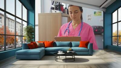 A young female nurse in a pink uniform reviews a clipboard in a clinic room, with a stethoscope around her neck and medical equipment in the background. Wall mural