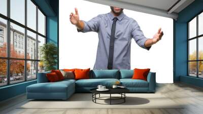 Adult hispanic business man over isolated background looking at the camera smiling with open arms for hug. Cheerful expression embracing happiness. Wall mural