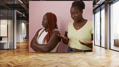 African american sisters standing together over a pink background with one woman crossing her arms while the other gestures, depicting a moment of family connection and communication. Wall mural