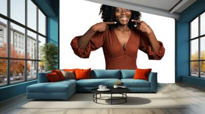 African woman with curly hair wearing casual dress smiling cheerful showing and pointing with fingers teeth and mouth. dental health concept. Wall mural