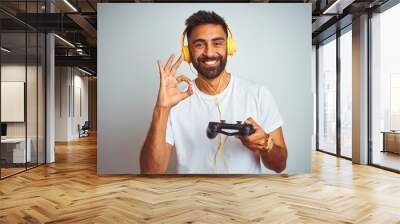 Arab indian gamer man playing video game using headphones over isolated white background doing ok sign with fingers, excellent symbol Wall mural