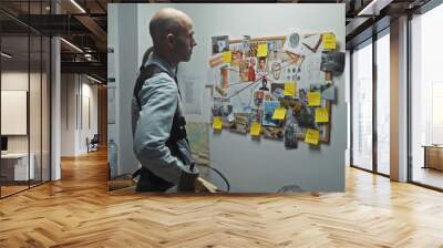 Bald man analyzing evidence on board in detective office setting surrounded by clues and missing posters. Wall mural