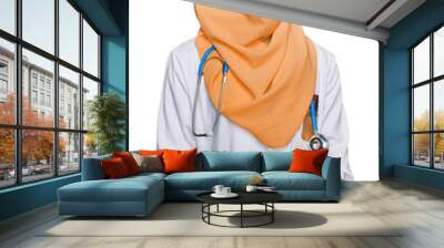 Beautiful african young woman wearing doctor uniform and hijab looking positive and happy standing and smiling with a confident smile showing teeth Wall mural