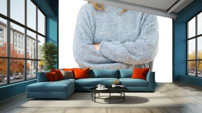 Beautiful middle age woman wearing winter sweater over isolated background happy face smiling with crossed arms looking at the camera. Positive person. Wall mural