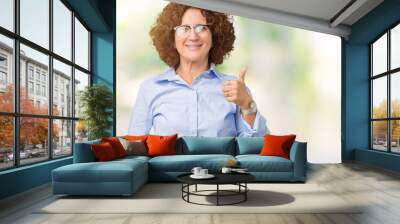 Beautiful middle ager senior businees woman wearing glasses over isolated background doing happy thumbs up gesture with hand. Approving expression looking at the camera showing success. Wall mural