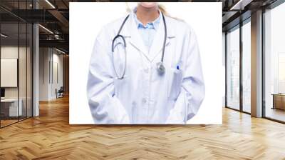 Beautiful young blonde doctor woman wearing medical uniform over isolated background puffing cheeks with funny face. Mouth inflated with air, crazy expression. Wall mural