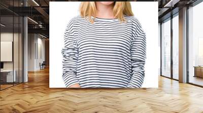 Beautiful young woman wearing stripes sweater over isolated background skeptic and nervous, frowning upset because of problem. Negative person. Wall mural