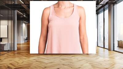 Beautiful young woman with short hair wearing casual style with sleeveless shirt looking away to side with smile on face, natural expression. laughing confident. Wall mural