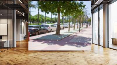 Blurred sidewalk with parked cars and trees creating a defocused city street scene in the daytime with pedestrians in the background Wall mural