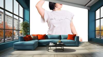 Brunette woman with down syndrome wearing casual white tshirt dancing happy and cheerful, smiling moving casual and confident listening to music Wall mural