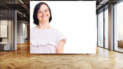 Brunette woman with down syndrome wearing casual white tshirt with a happy and cool smile on face. lucky person. Wall mural