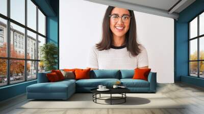 Chinese woman wearing casual t-shirt and glasses standing over isolated white background with a happy and cool smile on face. Lucky person. Wall mural