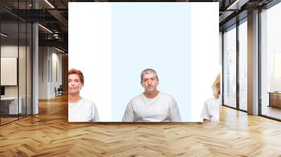 Collage of group middle age and senior people wearing white t-shirt over isolated background with serious expression on face. Simple and natural looking at the camera. Wall mural