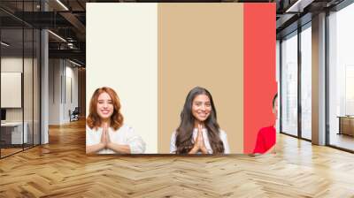 Collage of group of beautiful casual woman over vintage autumn colors isolated background praying with hands together asking for forgiveness smiling confident. Wall mural