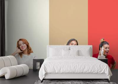 Collage of group of beautiful casual woman over vintage autumn colors isolated background smiling doing phone gesture with hand and fingers like talking on the telephone. Communicating concepts. Wall mural