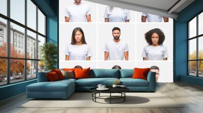 Collage of group of people wearing casual white t-shirt over isolated background skeptic and nervous, frowning upset because of problem. Negative person. Wall mural