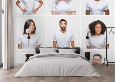 collage of group of people wearing casual white t-shirt over isolated background smiling looking sid Wall mural