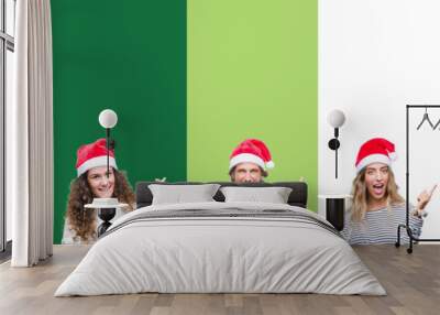 Collage of group of people wearing christmas hat over white and green isolated background with a big smile on face, pointing with hand and finger to the side looking at the camera. Wall mural