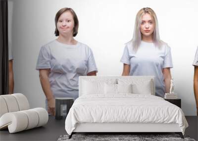 Collage of group of women wearing white t-shirt over isolated background with serious expression on face. Simple and natural looking at the camera. Wall mural