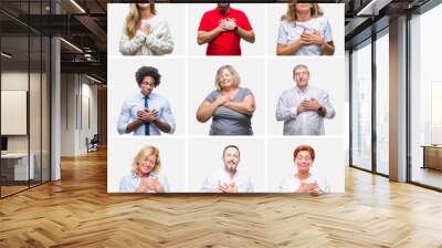 Collage of group of young, middle age and senior people over isolated background smiling with hands on chest with closed eyes and grateful gesture on face. Health concept. Wall mural