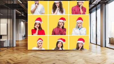 Collage of group of young people wearing christmas hat over yellow isolated background thinking looking tired and bored with depression problems with crossed arms. Wall mural