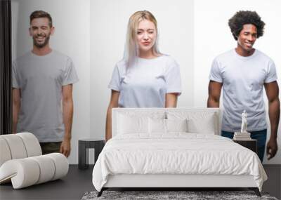 Collage of group of young people wearing white t-shirt over isolated background winking looking at the camera with sexy expression, cheerful and happy face. Wall mural