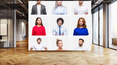 Collage of group of young people woman and men over isolated background smiling looking side and staring away thinking. Wall mural