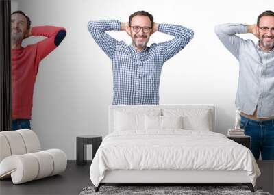 Collage of handsome senior man over white isolated background Relaxing and stretching with arms and hands behind head and neck, smiling happy Wall mural