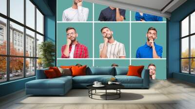 Collage of handsome young man over green isolated background with hand on chin thinking about question, pensive expression. Smiling with thoughtful face. Doubt concept. Wall mural