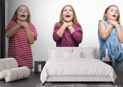 collage of young beautiful little girl kid over isolated background shouting and suffocate because p Wall mural