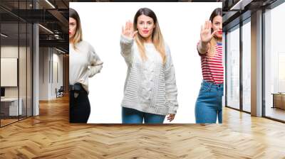 Collage of young beautiful woman over isolated background doing stop sing with palm of the hand. Warning expression with negative and serious gesture on the face. Wall mural