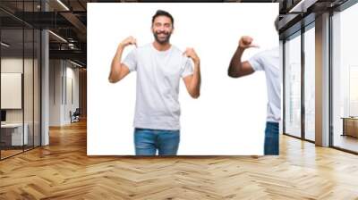 Collage of young caucasian, hispanic, afro men wearing white t-shirt over white isolated background looking confident with smile on face, pointing oneself with fingers proud and happy. Wall mural