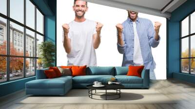 Collage of young man wearing casual look over white isolated backgroud very happy and excited doing winner gesture with arms raised, smiling and screaming for success. Celebration concept. Wall mural