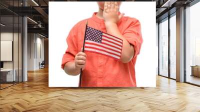 Dark haired little child holding United States flag cover mouth with hand shocked with shame for mistake, expression of fear, scared in silence, secret concept Wall mural