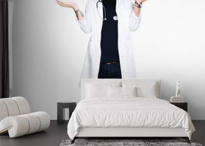 Doctor with long hair wearing medical coat and stethoscope Smiling showing both hands open palms, presenting and advertising comparison and balance Wall mural