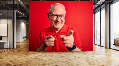 Grey haired senior man wearing glasses and casual t-shirt over red background pointing fingers to camera with happy and funny face. Good energy and vibes. Wall mural