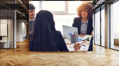 Group of business workers smiling happy and confident. Working together with smile on face  using laptop and speaking at the office Wall mural