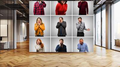 Group of mixed people, women and men so happy and confident showing a big smile surprised finger Wall mural