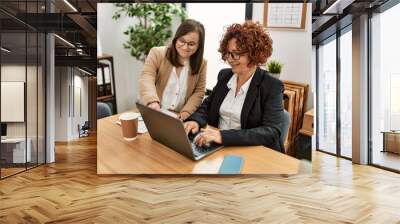 Group of two women working at the office. Mature woman and down syndrome girl working at inclusive teamwork. Wall mural