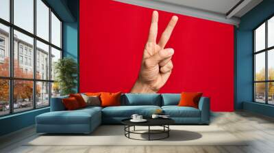 Hand of caucasian young man showing fingers over isolated red background counting number 2 showing two fingers, gesturing victory and winner symbol Wall mural