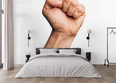 Hand of caucasian young man showing fingers over isolated white background doing protest and revolution gesture, fist expressing force and power Wall mural