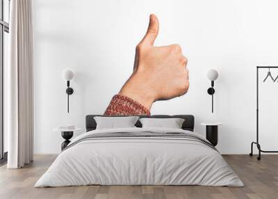 Hand of caucasian young man showing fingers over isolated white background doing successful approval gesture with thumbs up, validation and positive symbol Wall mural