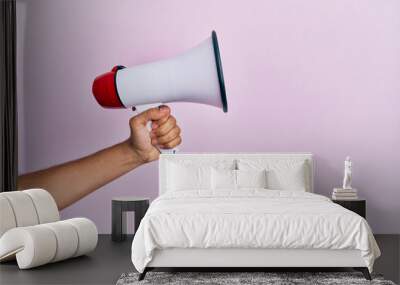 Hand of hispanic man holding megaphone over isolated pink background. Wall mural