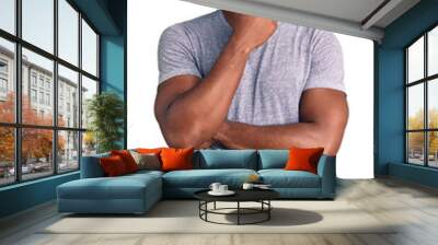 Handsome african american man with afro hair wearing casual clothes with hand on chin thinking about question, pensive expression. smiling with thoughtful face. doubt concept. Wall mural