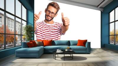 Handsome blond man with beard wearing casual clothes and glasses approving doing positive gesture with hand, thumbs up smiling and happy for success. winner gesture. Wall mural