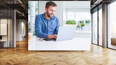 Handsome business man working using computer laptop and smiling Wall mural